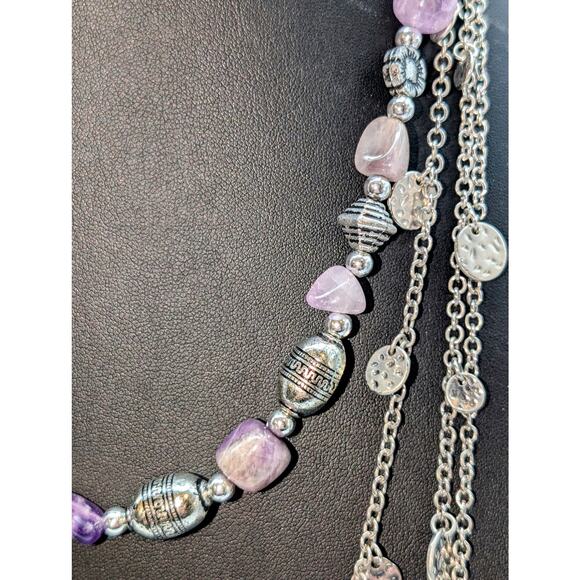 Layers of Amethyst & Silver Tone Beads & Multi Chain Dangle Necklaces - Picture 3 of 8
